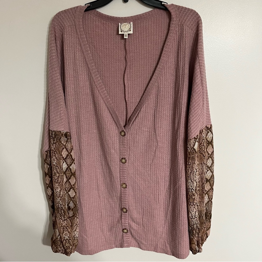 Women's‎ Truself Size 4XL Pink Snake Print Sleeves Button Up Cardigan Blouse